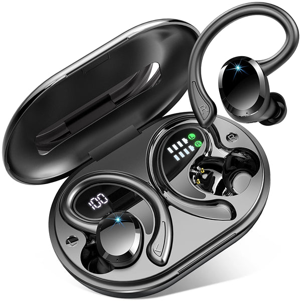 Drsaec Wireless Earbuds with Ear Hooks – Bluetooth 5.3, 48H Playtime, IP7 Waterproof, Noise Cancelling, Dual LED Display